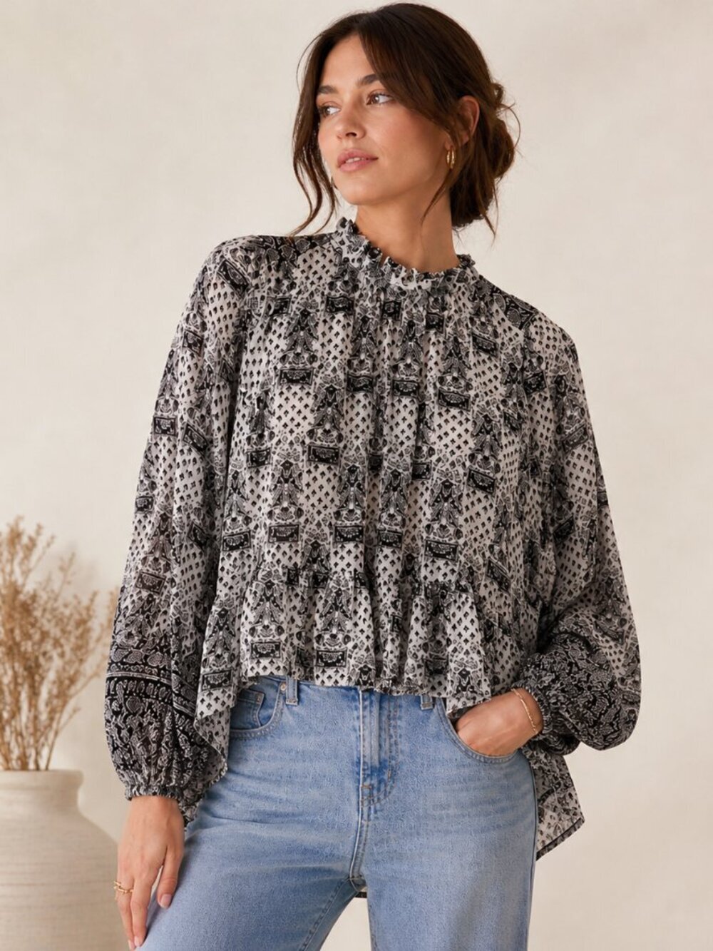 Ne Quittez Pas Silk Paisley Blouse Tiered Ruffle Boho Peasant Top Black White S